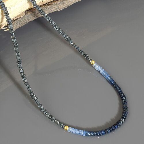 Collar De Perlas De Diamante Negro Natural Y Zafiro Azul En Plata 925 - Imagen 4 de 6