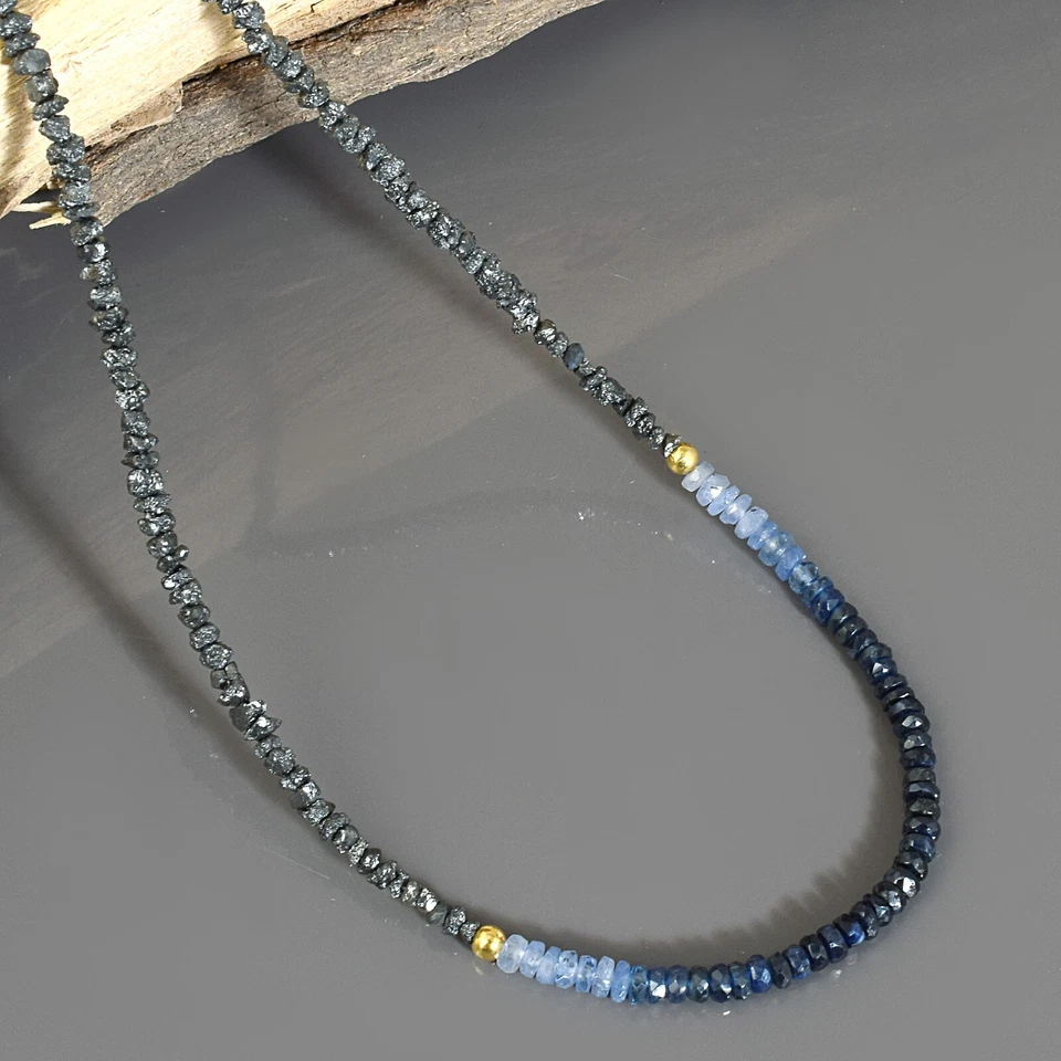 Colar de prata 925 pepitas de diamante preto bruto natural e contas de safira azul - Imagem 4 de 4