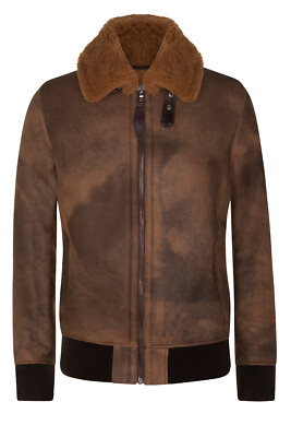 Men's Antique Brown Sheepskin Leather Bomber Jacket Shearling Aviator Warm B3