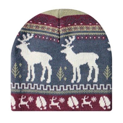 Blue Burgandy White Deer Tree Up North Cabin Rustic Look Stocking Cap Hat Beanie