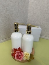 Set of Two White Ceramic soap/ lotion dispensers whit Gold Tone Pumps