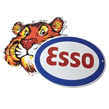 Vintage Esso Gasoline Porcelain Sign - Gas Service Station Auto Tiger Tank Sign