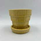 Vintage McCoy USA Basketweave Yellow Small Pot with Attached Saucer