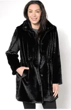 NWOT Dennis Basso Faux Mink Anorak Jacket W/Removable Hood & Pockets Black MP