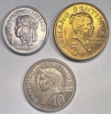 1967-1975 Philippines Set of 3 Coins, 1, 5, 10 Sentimos UNC/BU