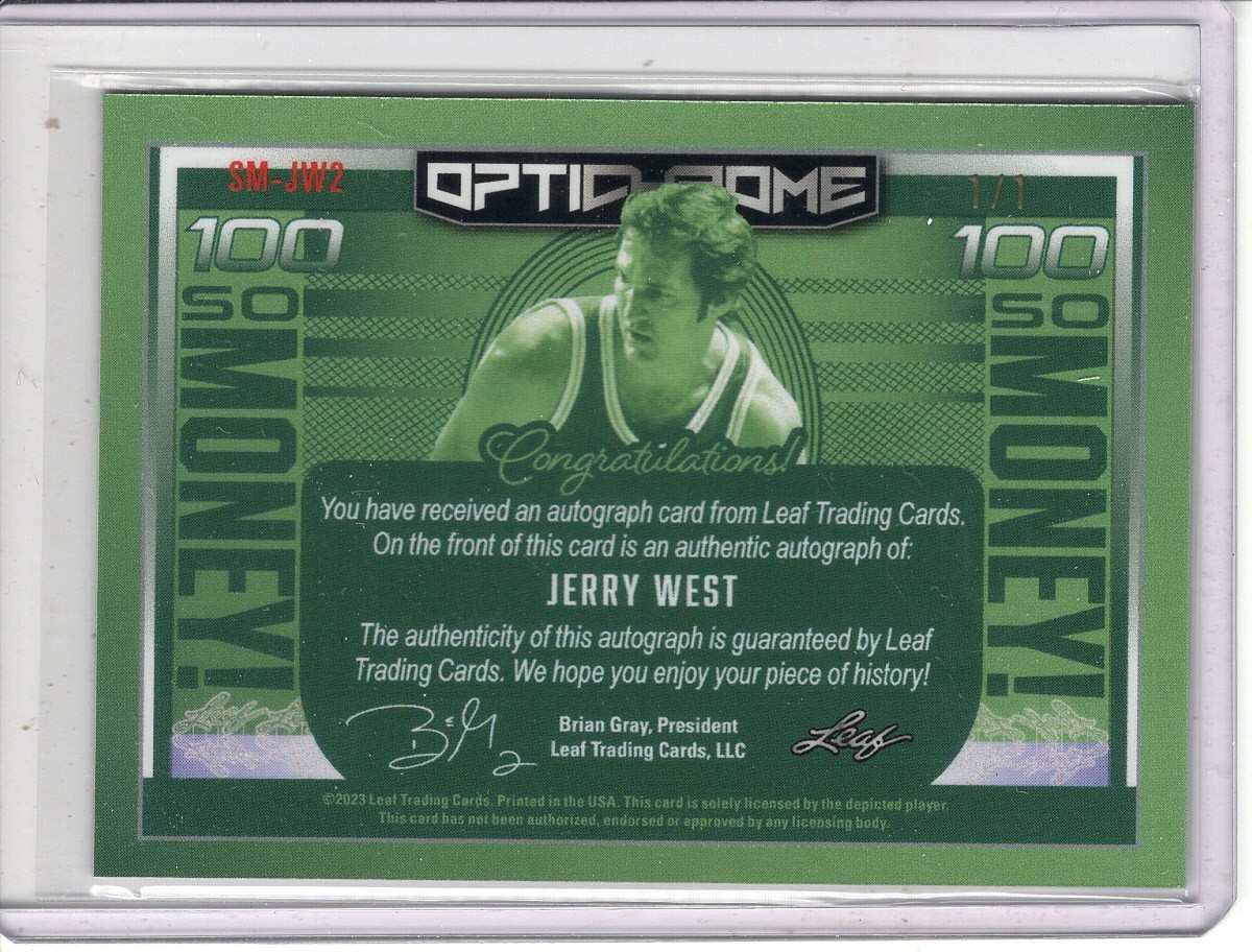 2022-23 LEAF OPTICHROME JERRY WEST AUTO #1/1 *SO MONEY 100* view 2