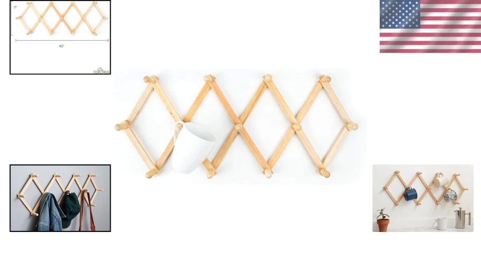 Elegante estante de pared expandible de madera de haya - Elegante soporte para tazas con 13 ganchos Foto 2 de 4