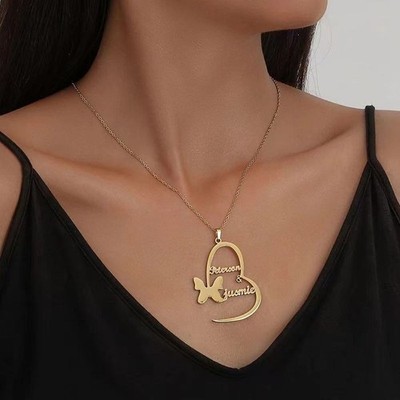 Custom Engraved Double Name Necklace - Heart Pendant Jewelry Gift for Her
