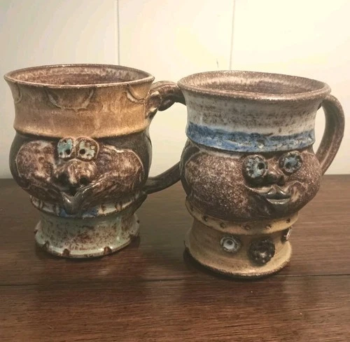 Ugly Face Pottery Mugs Folk Art Artist Signed Rustic Whimsy Quirky Set Of 2