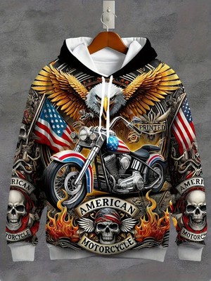 Patriotic Eagle & Motorcycle Graphic Hoodie - American Flag Design