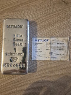 Metalor 1 Kilo Silver 999.0 Switzerland Essayeur Fondeur Bar With Certificate