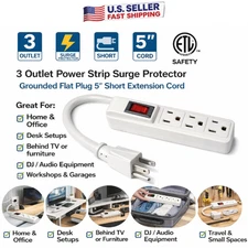 3 Outlet Power Strip Surge Protector Grounded Flat Plug 5” Short Extension Cord