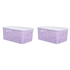 MAGICLULU 2pcs Stackable Plastic Storage Bins with Lids, Hollow Out Retro Pat...