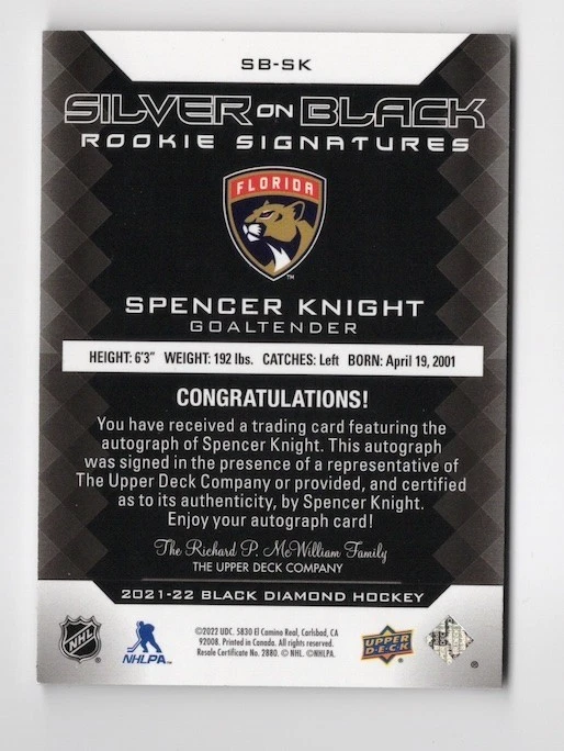 2021-22 Black Diamond Silver on Black Rookie Signatures Auto Spencer Knight /10 - Image 2 of 2