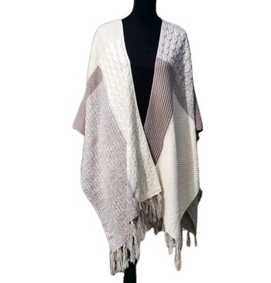 Knox Rose Women's Patchwork Knit Poncho Size XXL Beige Cream Fringe Cozy 