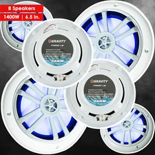 8x Gravity 2-Way 1400 WATTS Coaxial Marine Audio Speakers 6-1/2" (White)  /  LED