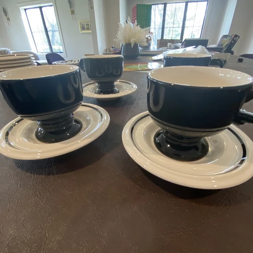 Mikasa Forecast Black & White 4 Pedestal Cups / Mugs & 4 Saucers Pristine! 1977