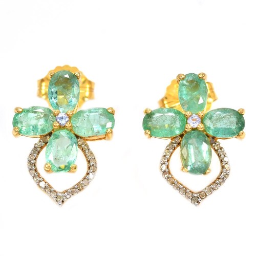 925STERLING SILVER FLOWER EARRING GREEN EMERALD & BLUE SAPPHIRE NATURAL GEMSTONE - Picture 5 of 8