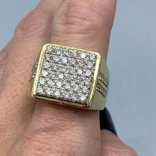 Men's Cluster Ring Engagement Gift Round GH/SI Natural Diamond 14k Yellow Gold - Picture 1 of 13