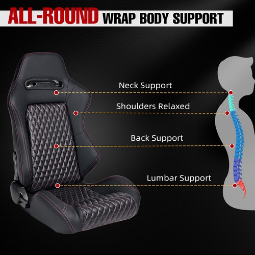 Racing Seat Pair Universal Black Leather Reclinable Bucket Sport Seat ,Set of 2 - Bild 4 von 12