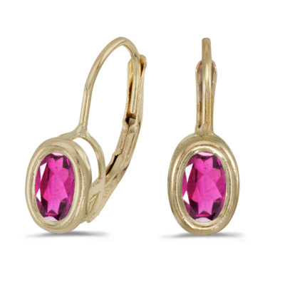 14k Yellow Gold Oval Pink Topaz Bezel Lever-back Earrings