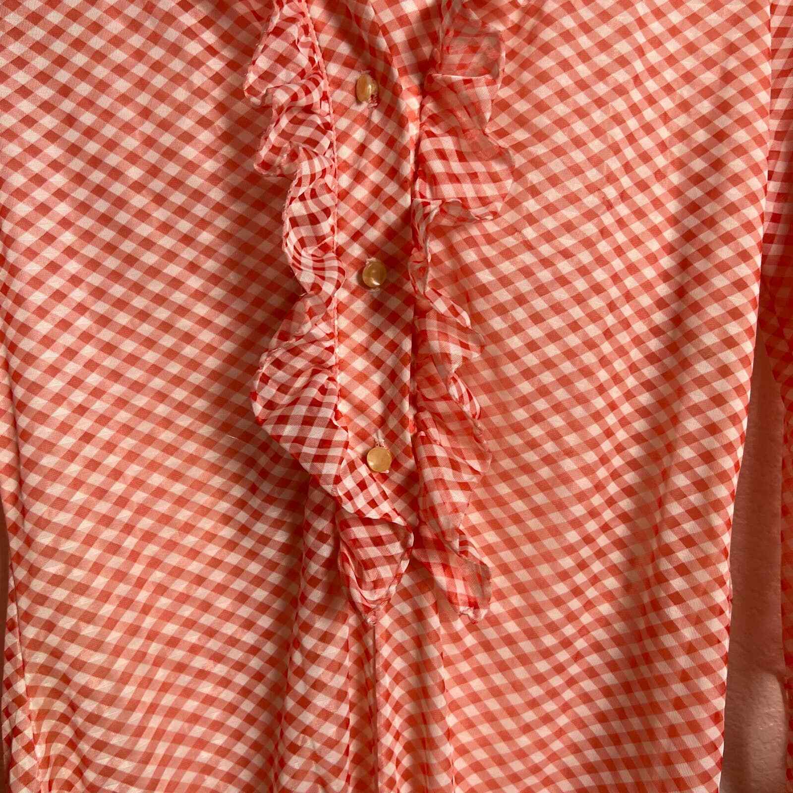 70’s Vintage Red Gingham Check Print Ruffle Front Col… - Gem