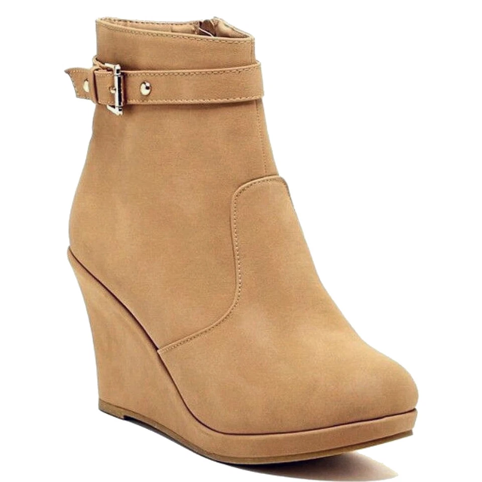 Top Moda Algodón-15 Botín Tachonado Hebilla al Tobillo Tacón de Cuña Parte Superior Alta Zapatos de Nobuck Foto 2 de 4