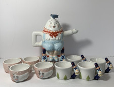 Dept.56 Humpty Dumpty Ceramic Teapot Set Storybook Village Collection w/ 8 cups