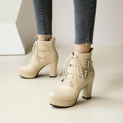 Women's Punk Ankle Boots Round Toe Block High Heel Buckle Platform Shoes 44-48 D - Picture 5 of 17