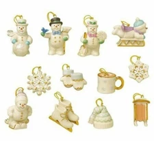 Lenox Snow Pals Snowman Miniature Tree Ornaments Set 12 PC Winter Skis Sled NEW