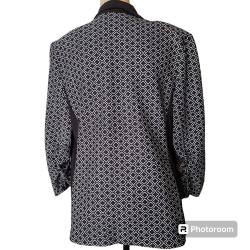 CARTISE Black White Quatrefoil Motif Blazer Size 12 Rolled Collar Ruched Sleeves - Picture 3 of 11