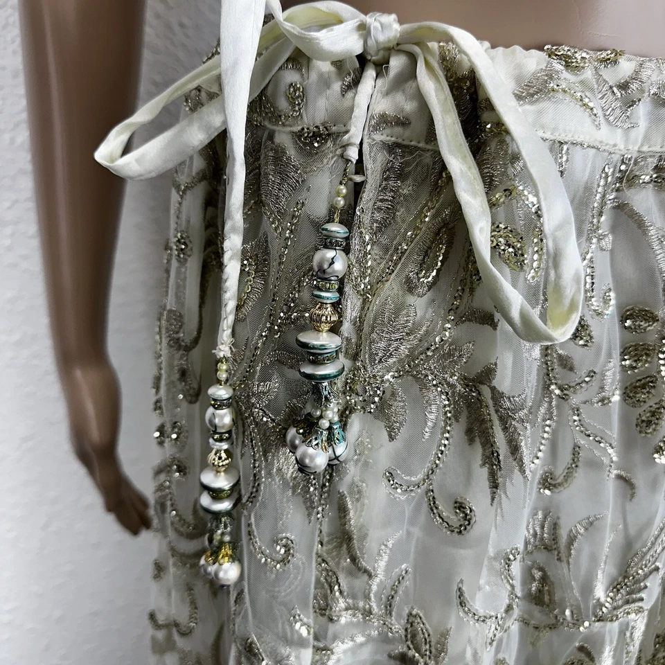 Maxi Falda Hecha a Mano Lentejuelas Cuentas Brillante Marfil Dorado Caprichoso Hada Hindi L Foto 4 de 4