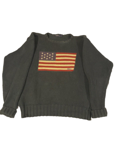 Vintage Green Polo Ralph Lauren Flag Sweater Large, preowned,