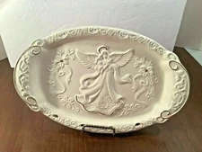 White Ceramic Decorative Oval Accent Plate Embossed Angel Flowers Gold Trim 13"