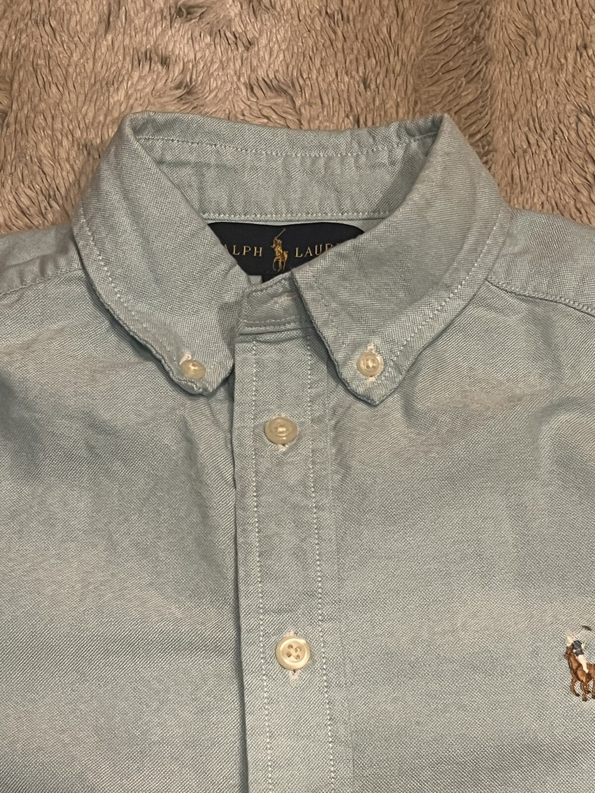 VTG Ralph Lauren Boys M 12/14 Long Sleeve Button Down Shirt Aqua Marine Pony image 2