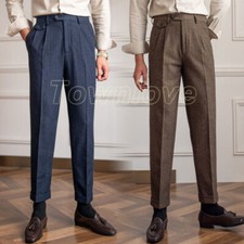 Men's Vintage Wool Tweed Herringbone Trousers High Waist Straight Pleated Pants
