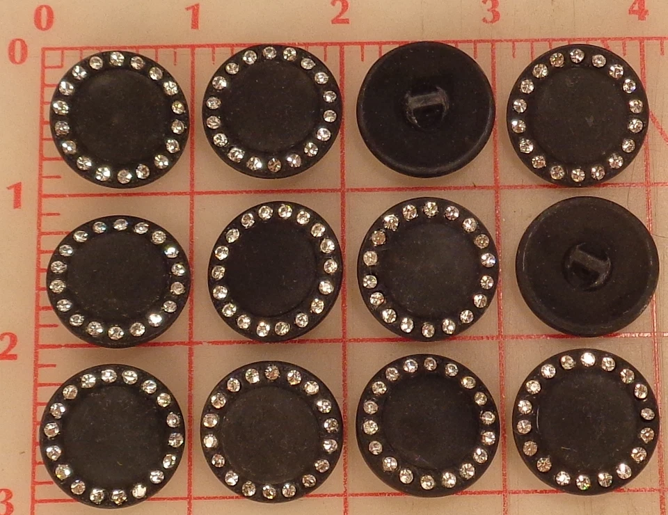 12 Vintage Czech glass rhinestone buttons matte black shank 456 7/8" 23mm clear - Image 2 of 4