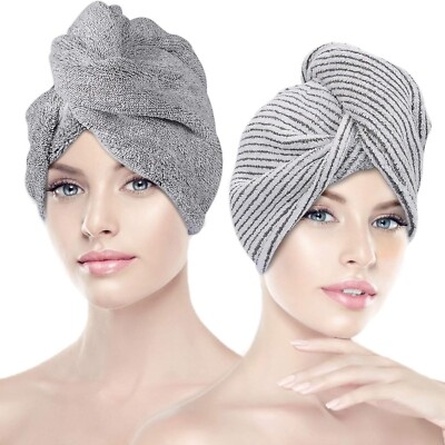 Set of 2 Microfiber Hair Towel Wrap Super Absorbent Twist Turban Dry Hair Caps