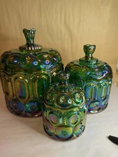 Moon and Star Emerald Green Carnival Glass Jardiniere Set of 3