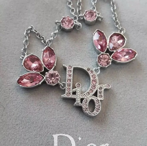 Collana Dior Vintage Cristallo Rosa Su Argento Catena Cd Christian Dior Logo