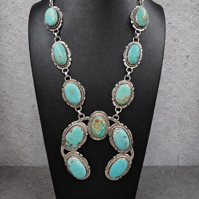 Heavy Turquoise Naja Squash Blossom Necklace Sterling Silver 142G Southwestern
