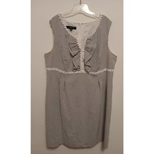 Nine West Charcoal Gray White Striped 18W Sleeveless V Neck Dress Seersucker