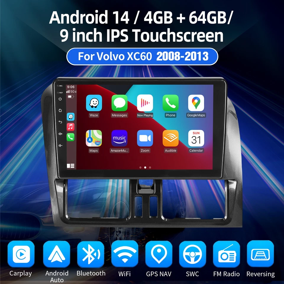 Radio estéreo para automóvil Volvo XC60 2008-2013 4+64 GB Apple CarPlay pantalla táctil + AHD Foto 3 de 4