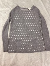 LOFT Women's Small Sweater Gray White Polka Dot Long Sleeve