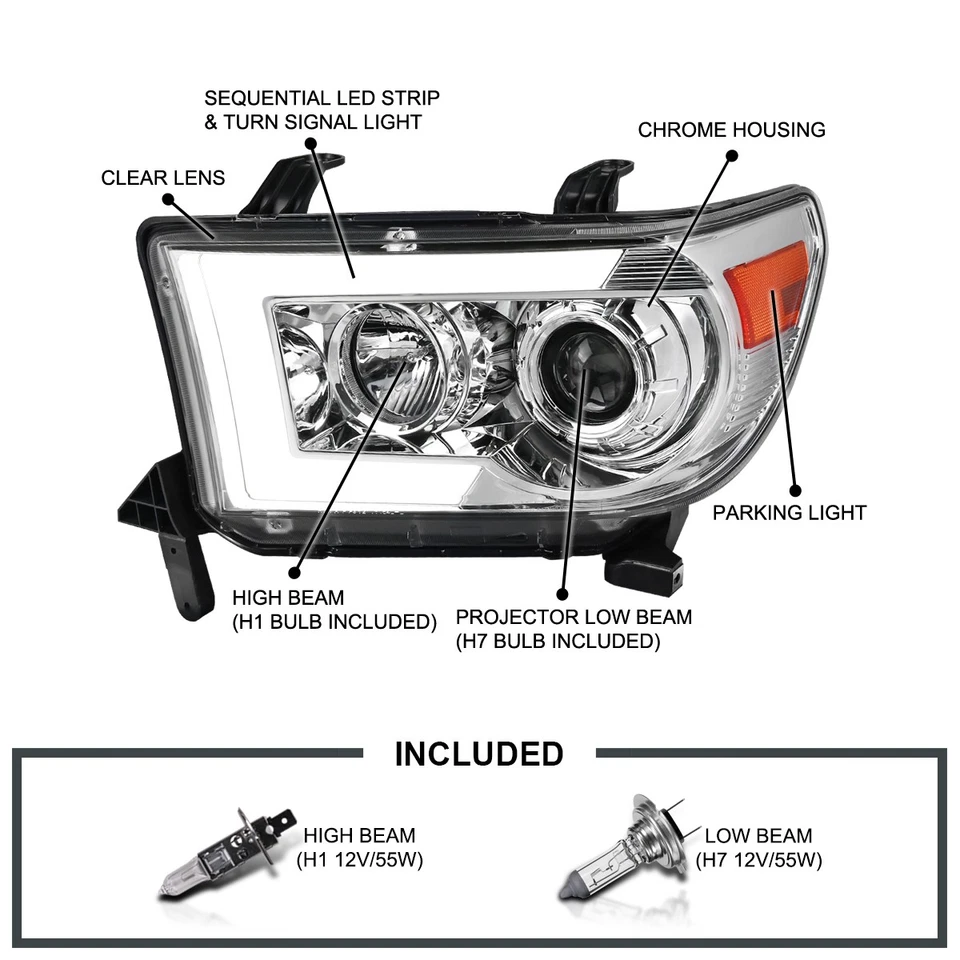 Fits 2007-2013 Toyota Tundra 2008-2017 Sequoia LED Tube Projector Headlights - Image 3 of 4