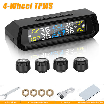TM2 RV TPMS Tire Pressure Monitoring System Solar Power 4 Sensors External LCD