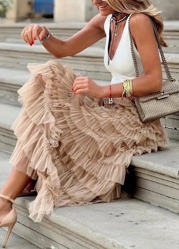 Y2k Apricot High Waist Tiered Layered Ruffle Tulle Maxi Skirt XL Party/Cocktail - Foto 4 di 5