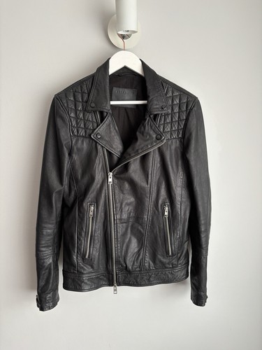 Allsaints Kushiro Biker Black Leather Bomber Full Zip Jacket Mens Size Medium M