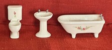 3-Pc Doll House Porcelain Floral Bathroom Clawfoot Tub, Pedestal Sink  Toilet