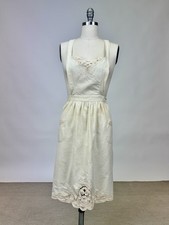 Victorian Edwardian Beige Apron Cotton Lace Embroidery Neck Waist Ties Pockets